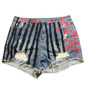 Birds of Prey Harley Quinn Destructed Shorts Hi-Rise Striped Denim Fits 36